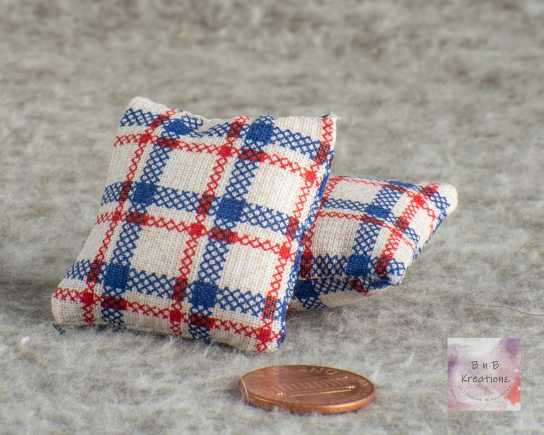 Miniature Pillow Red, White & Blue Plaid Dollhouse Miniature 1:12 Scale Americana Style Country Style image 5