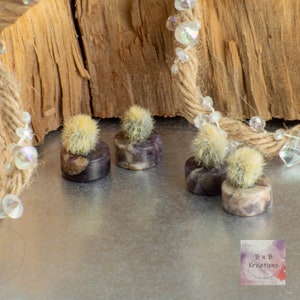May include: Four miniature potted cacti in amethyst stone pots. The cacti are a light green color with white spines. The pots are a dark purple color with white streaks. The pots are sitting on a silver surface.