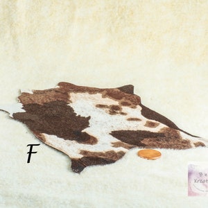 May include: A miniature cowhide rug with brown and white patterns. The rug is placed on a cream-colored surface. A penny is next to the rug for scale. The letter "F" is written on the rug.