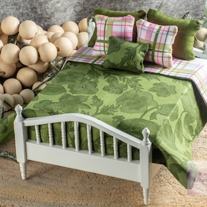 Miniature Bedding Set in Green Floral & Pink Plaid for 1:12 Scale Dollhouse Miniature