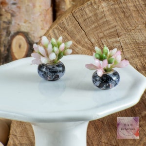 以下が含まれることがあります： 白い台座の上に、黒と白の斑点のある鉢にピンクと緑の花が咲いたミニチュアの鉢植えが2つあります。