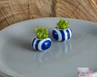 Miniature Potted Plant - Blue & White Stripe - Dollhouse Miniature 1:12 Scale - Dollhouse Plant - Costal Style - Nautical Style