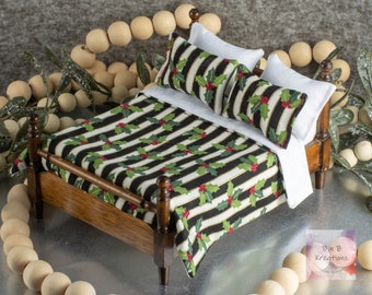 Miniature Bedding Set - Holly w/ Black & White Stripes - Dollhouse Miniature 1:12 Scale - Christmas Miniatures - Christmas Decor