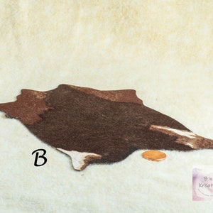 May include: Miniature dollhouse rug in a cowhide design. The rug is primarily brown with white and dark brown accents. A penny is next to the rug for scale. The letter "B" is printed on the rug. The rug is on a cream-colored surface.