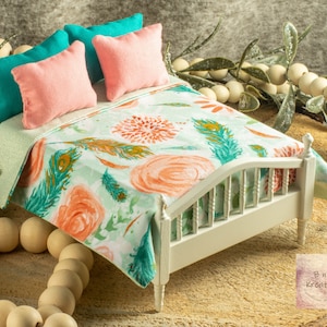 Miniature Bedding Set in Pink & Teal Flowers and Feathers for 1:12 Scale Dollhouse Miniature