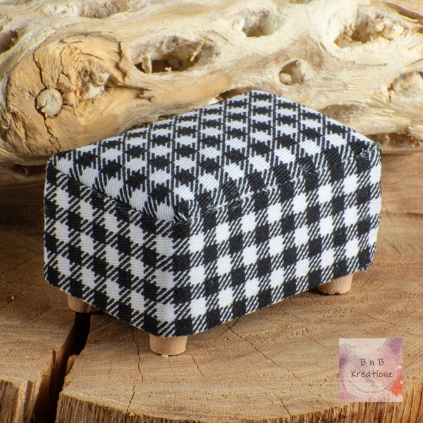 Miniature Ottoman Footstool - Black & White Buffalo Check - Dollhouse Miniature 1:12 Scale - Country Style - Farmhouse Style