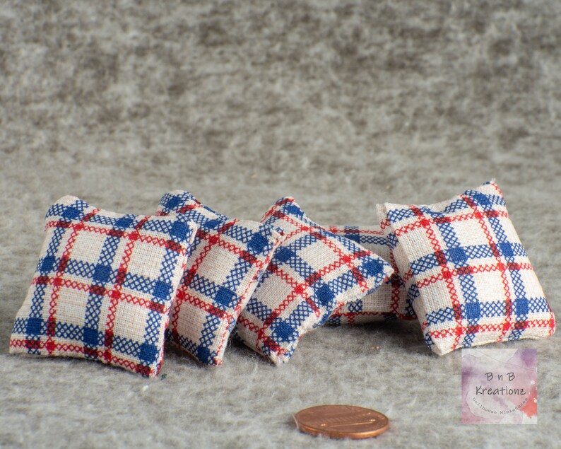 Miniature Pillow Red, White & Blue Plaid Dollhouse Miniature 1:12 Scale Americana Style Country Style image 2