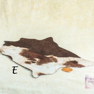 May include: A miniature cowhide rug with brown and white patterns. The rug is irregularly shaped and has a penny next to it for scale. The letter "E" is printed on the rug. The background is a cream-colored fabric.