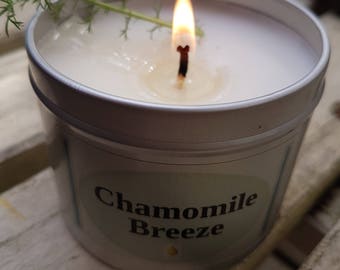 Chamomile soy wax tinned candle. Light floral fragrance eco soy candles home gift for the candle lover
