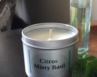 Citrus Minty Basil soy candle. Fresh scented hand poured container candle.