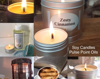 Natural soy candles zesty cinnamon and citrus tin candle the perfect home gift. Long clean burn time vegan eco friendly candle present.