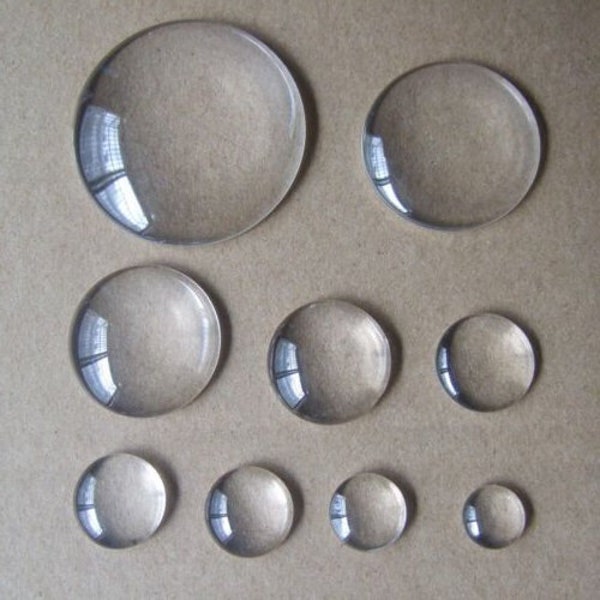 10 cabochons ronds en verre transparent. Bombé avec verre à dos plat 6,8,10,12,14,16,20,25 et 30mm