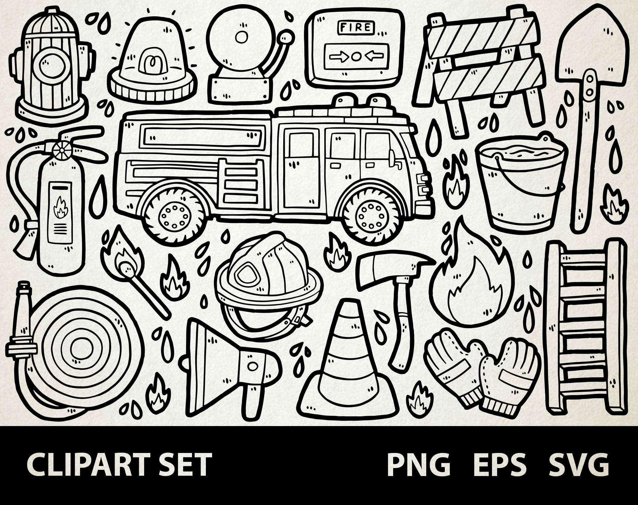 Feuerwehr / Digitale Lineart Doodle Grafiken / EPS, SVG, PNG / Feuerwehrauto, Feuerwehrmann, Feuer / Clipart für kommerzielle Nutzung