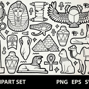 May include: A black and white clipart set of Egyptian themed illustrations. The set includes images of a scarab beetle, pharaoh, pyramid, ankh, eye of Horus, and more.