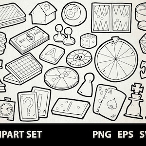 Board Games / Digital Clip Art Graphics / SVG, PNG, EPS / Parlor Games, Cards, Chess / Doodled Line Art Illustrations for commercial use