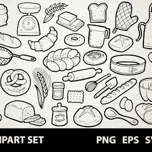 Baking / Digital Clip Art Graphics / SVG, PNG, EPS / Baker, Bakery, Bread, Cake, Buns / Doodled Line Art Illustrations for commercial use