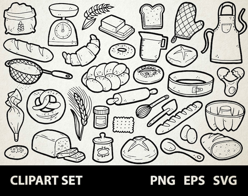 May include: Black and white line art clipart set of baking and bread making items.  Includes a loaf of bread, a croissant, a pretzel, a rolling pin, a whisk, a measuring cup, a scale, a bag of flour, a loaf pan, a cake pan, a pastry bag, a butter knife, a spatula, a mixing bowl, a baking mitt, a baker's apron, a wheat stalk, a cookie, a donut, a challah bread, a baguette, and a jar of jam.