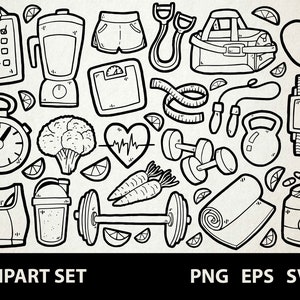 Régime / Digital Lineart Doodle Graphics / EPS, SVG, PNG / Perdre du poids, Poids, Fitness, Calories / Clipart pour un usage commercial