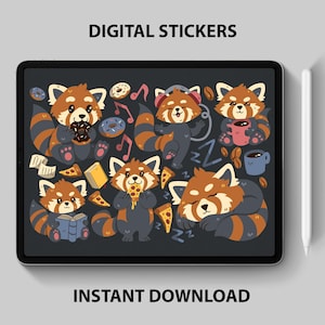 Pegatinas digitales de Panda Rojo: Lectura, Café, Donas, Pizza y más: 21 gráficos PNG para planificadores y manualidades