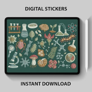 May include: A digital sticker sheet with a green background and various science-themed illustrations, including a microscope, a DNA strand, a flower, a brain, a beaker, and a petri dish. The text "DIGITAL STICKERS" is at the top of the sheet, and the text "INSTANT DOWNLOAD" is at the bottom.