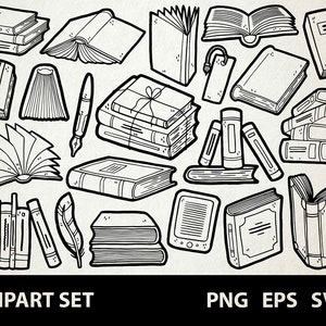 Books / Digital Clip Art Graphics / SVG, PNG, EPS / Reading, Bookmark, Library, Pages / Doodled Line Art Illustrations for commercial use