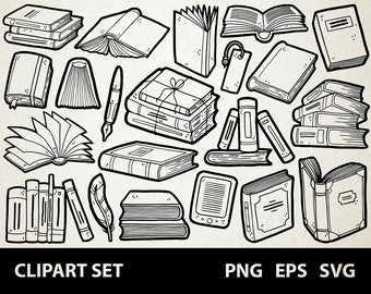 May include: A set of 20 black and white line art illustrations of books, including open books, closed books, stacks of books, and a book with a bookmark. The illustrations are perfect for use in scrapbooking, card making, or other craft projects.