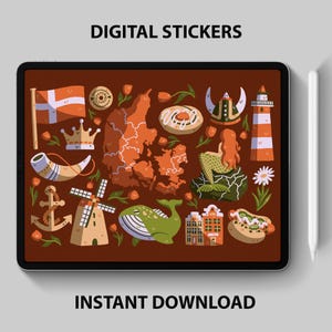 Könnte beinhalten: Ein Set digitaler Sticker mit Illustrationen dänischer Sehenswürdigkeiten und Symbole, darunter eine Karte Dänemarks, eine Windmühle, eine Meerjungfrau, eine Krone, ein Wikingerhelm, ein Leuchtturm, ein Gebäck, ein Wal, ein Hotdog, ein Gebäude und ein Anker. Die Sticker befinden sich auf einem braunen Hintergrund.