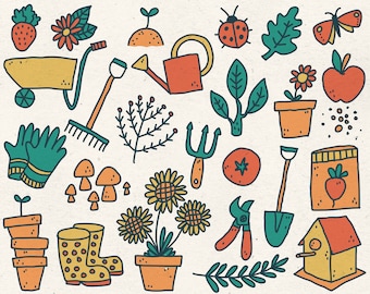 May include: A colorful illustration of gardening tools and plants. The illustration includes a wheelbarrow, rake, gloves, watering can, shovel, trowel, tomato plant, sunflower, birdhouse, and other gardening supplies.