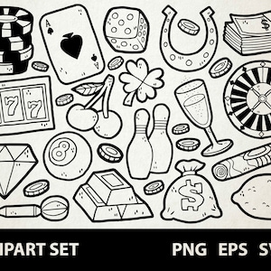 Casino / Digital Clip Art Graphics / SVG, PNG, EPS / Gambling, Slots, Arcade, Money / Doodled Line Art Illustrations for commercial use