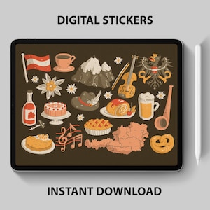 Pegatinas digitales de Austria: 18 imágenes PNG para planificadores, álbumes de recortes, diarios, viajes, notas y decoración
