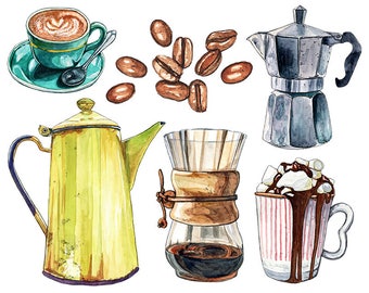 6 Watercolor Coffee Illustrations / Digital PNG Clipart Graphics / Café, Barista, Espresso, Latte Macchiato / personal and commercial use