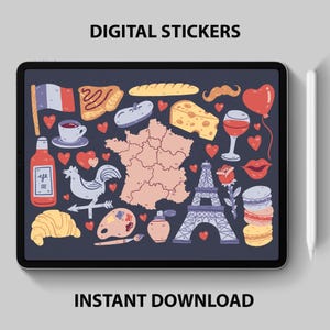Adesivi digitali Francia – Parigi, croissant, baguette, icone e cultura francese – 21 grafiche PNG per planner digitali