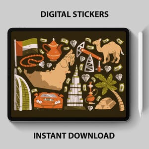 Könnte beinhalten: Digitale Aufkleber mit Illustrationen der Vereinigten Arabischen Emirate. Das Design umfasst eine Flagge, eine Teekanne, eine Karte, ein Kamel, ein Auto, ein Gebäude und andere kulturelle Symbole. Der Text "DIGITAL STICKERS" und "INSTANT DOWNLOAD" sind angezeigt.
