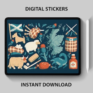 Adesivi digitali della Scozia – Highlands, Edimburgo, Whisky, Loch Ness, Kilt – 17 grafiche PNG per pianificatori e artigianato