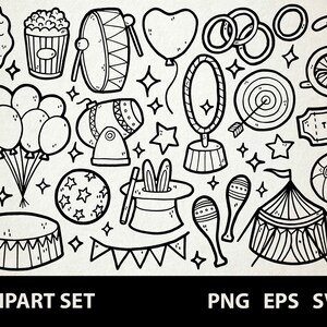 Circo / Digital Lineart Doodle Graphics / EPS, SVG, PNG / Artista, Acróbata, Big Top, Payaso, Mago / Clipart para uso comercial
