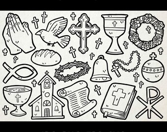 Christianity Clipart | Jpg, Png, Eps, Svg | Digital Line Art Illustration Vector Graphics | Commercial | Cross, Bible, Dove, Religion