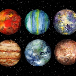 以下が含まれることがあります： 水彩画で描かれた宇宙の6つの惑星。惑星は赤、オレンジ、茶色、青、緑、紫など、さまざまな色とパターンで描かれています。惑星は、白い星が散りばめられた黒い背景に囲まれています。