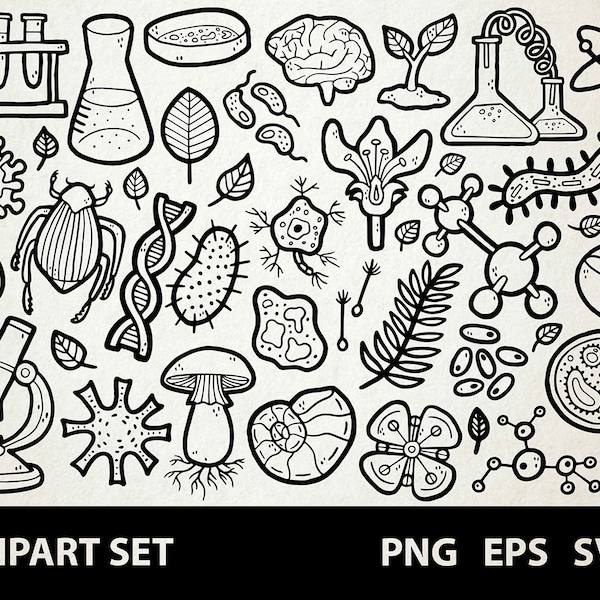 Biology / Digital Clip Art Graphics/ SVG, PNG, EPS / Science, Biologist, Ecology, Nature / Doodled Line Art Illustrations for commercial use