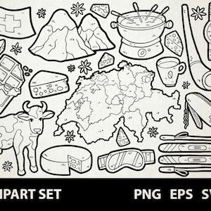 Schweiz / Digitale Lineart Doodle Grafiken / EPS, SVG, PNG / Alpen Käse Zürich Genf Basel Bern Europa / Clipart für kommerzielle Nutzung