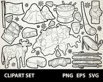 Switzerland / Digital Clip Art Graphics / SVG, PNG, EPS / Alps Cheese Zurich Europe / Doodled Line Art Illustrations for commercial use