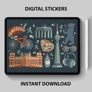Könnte beinhalten: Ein Set digitaler Sticker mit ikonischen Berliner Sehenswürdigkeiten, darunter das Brandenburger Tor, die Berliner Mauer, das Reichstagsgebäude und der Berliner Fernsehturm. Die Sticker sind im farbenfrohen Cartoon-Stil gehalten und perfekt, um deinen digitalen Projekten einen Hauch von Berlin zu verleihen.
