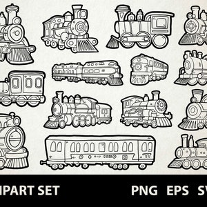 Trenes / Digital Lineart Doodle Graphics / EPS, SVG, PNG / Locomotora, tren, ferrocarril, locomotora, vías, tren / clipart para uso comercial