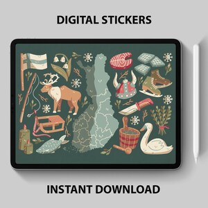 Könnte beinhalten: Digitale Sticker mit Illustrationen der finnischen Kultur, darunter eine Karte Finnlands, ein Rentier, ein Fisch, ein Saunaeimer, ein Schwan, ein Wikingerhelm, eine Angelrute, ein Schlitten, Kerzen, Schneeflocken und ein Messer. Die Sticker sind auf einem dunkelgrünen Hintergrund.