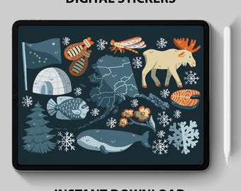 Stickers numériques Alaska - Clipart nordique, graphiques de l'État des États-Unis, agenda numérique, GoodNotes, Bullet Journal, téléchargement immédiat