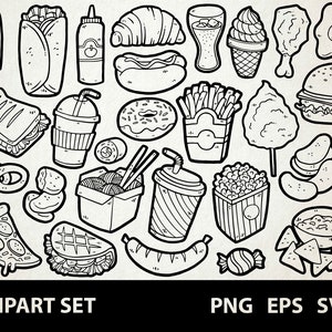 Fast Food / Digital Lineart Doodle Graphics / EPS, SVG, PNG / Cibo spazzatura, Snack, Malsano, Cibo di strada / Clipart per uso commerciale