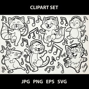 Clipart animaux qui dansent | Jpg, PNG, Eps, Svg | Vectoriels Dessins Au Trait Numérique | Renard, capybara, corgi, loutre, pingouin, panda roux, musique