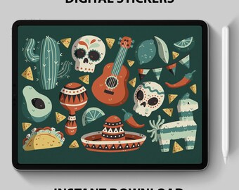 Cinco de Mayo Digital Stickers – Fiesta Clipart for GoodNotes + Digital Planners – Mexican Celebration, Taco & Sombrero PNG