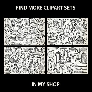 May include: Four black and white illustrations of clipart sets. The first set is of bakery items, the second set is of carnival items, the third set is of science items, and the fourth set is of tools. The text "FIND MORE CLIPART SETS" is at the top of the image and the text "IN MY SHOP" is at the bottom of the image.