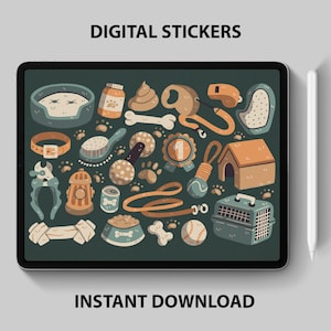 Adesivi digitali per la cura del cane – Cibo, giocattoli e accessori PNG Set per GoodNotes, pianificatori digitali + diari – 24 grafiche