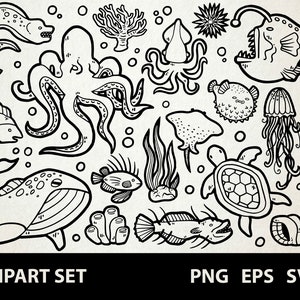 Diepzee / digitale Lineart Doodle Graphics / EPS, SVG, PNG / Frogfish, Octopus, onderwater, Oceaan / Clipart voor commercieel gebruik